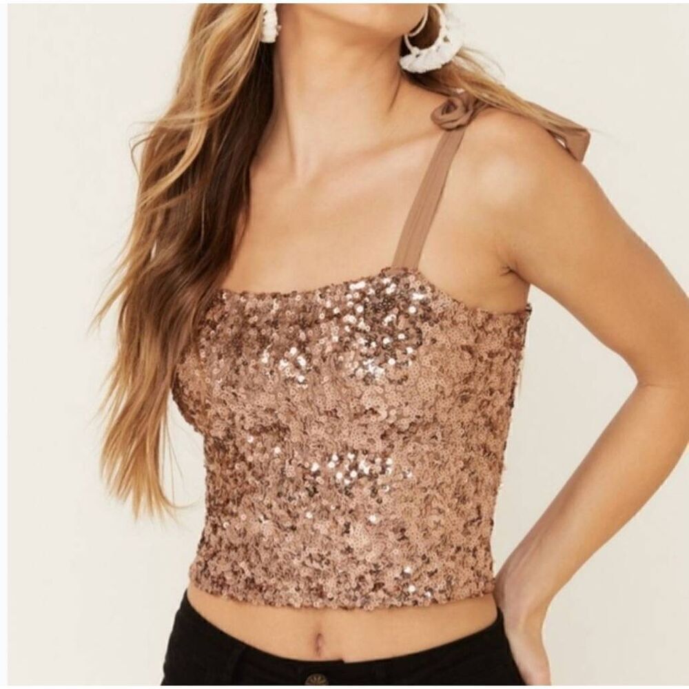 Free People Gold Sequin "Hey Girlie" Top M